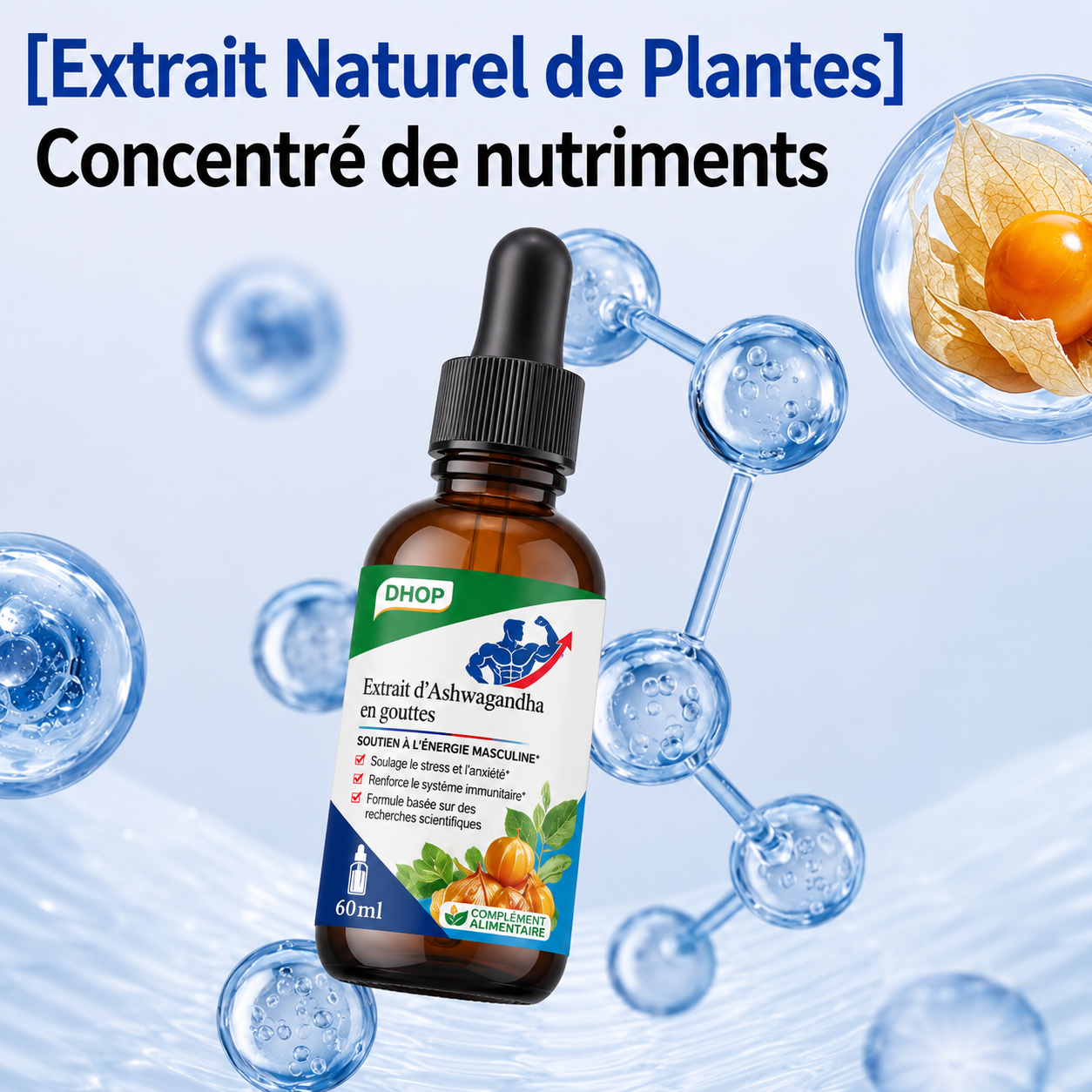 Gouttes liquides d'Ashwagandha naturelle pour l'énergie masculine