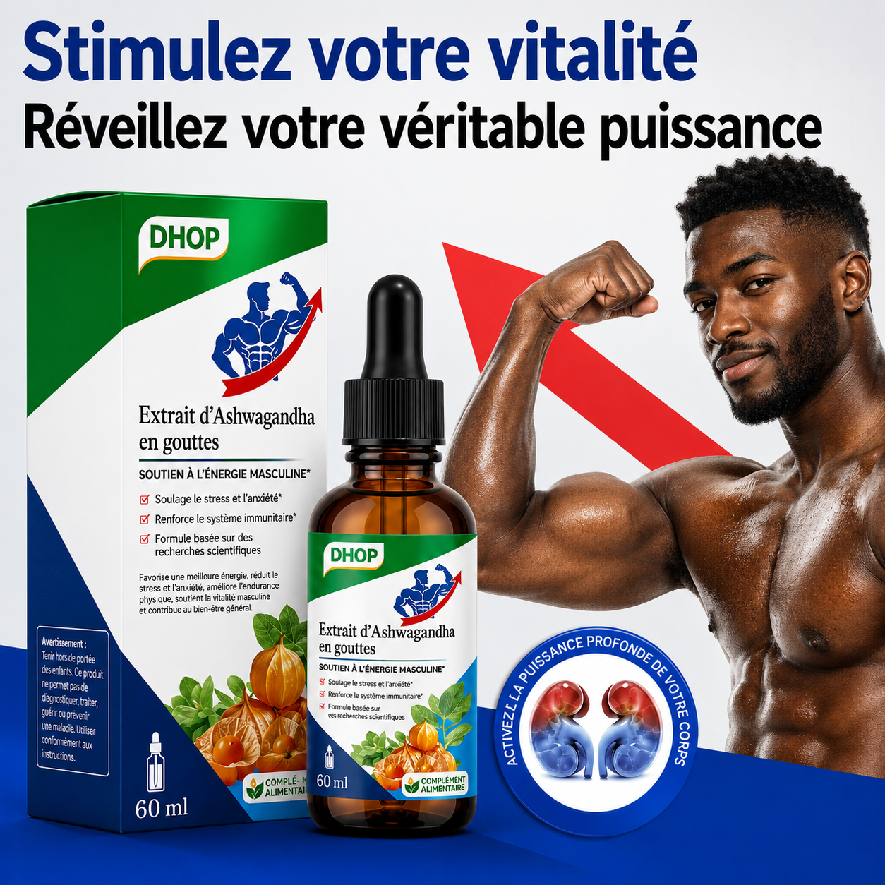 Gouttes liquides d'Ashwagandha naturelle pour l'énergie masculine